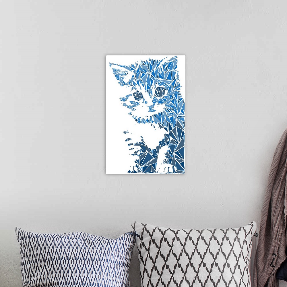 A bohemian room featuring A kitten made up of triangular geometric shapes.