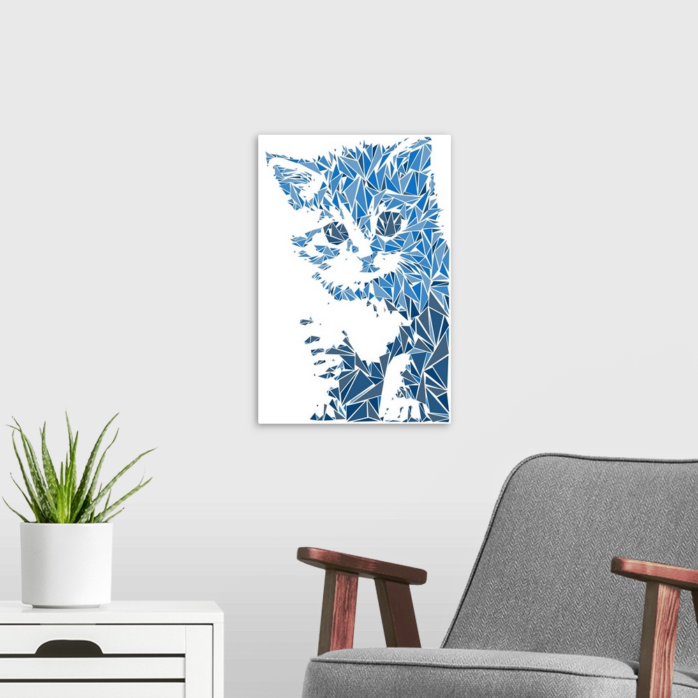 A modern room featuring A kitten made up of triangular geometric shapes.