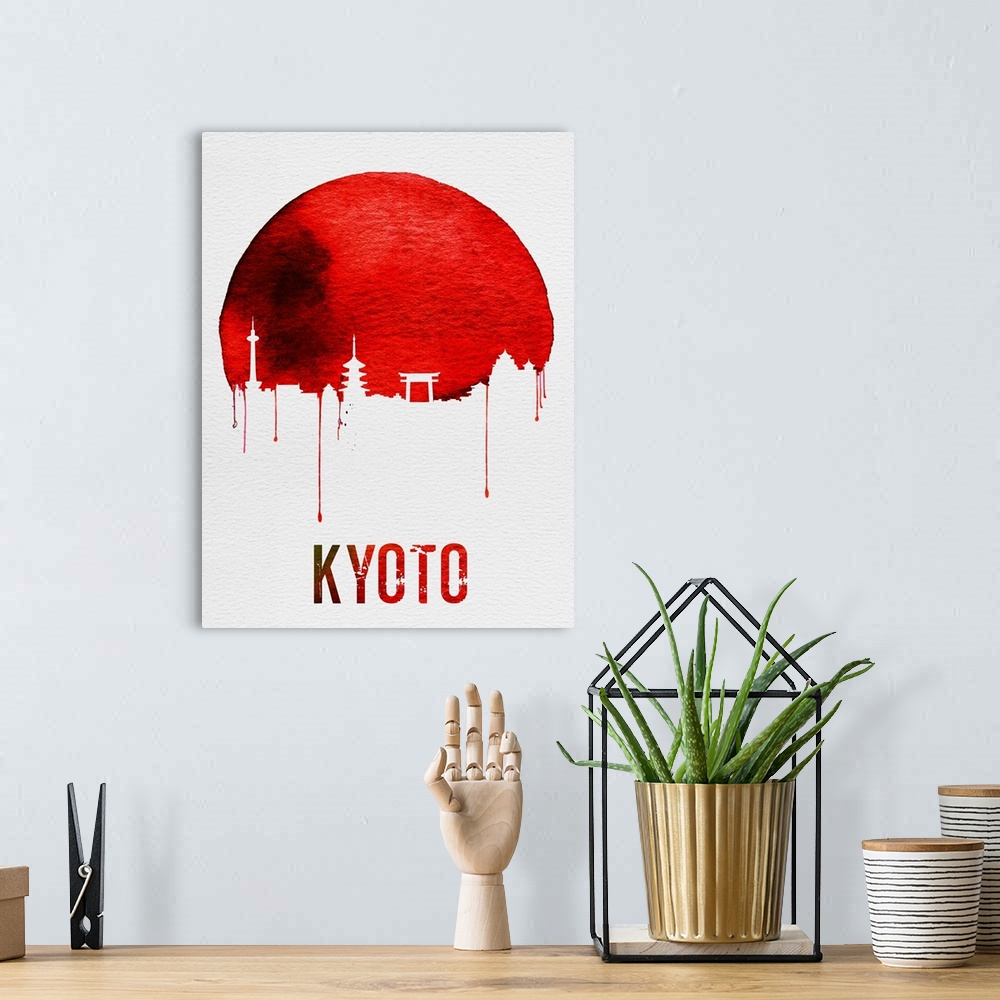 A bohemian room featuring Contemporary watercolor artwork of the Kyoto city skyline, in silhouette.