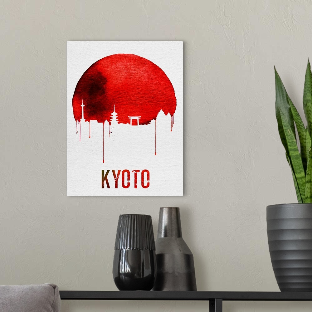 A modern room featuring Contemporary watercolor artwork of the Kyoto city skyline, in silhouette.