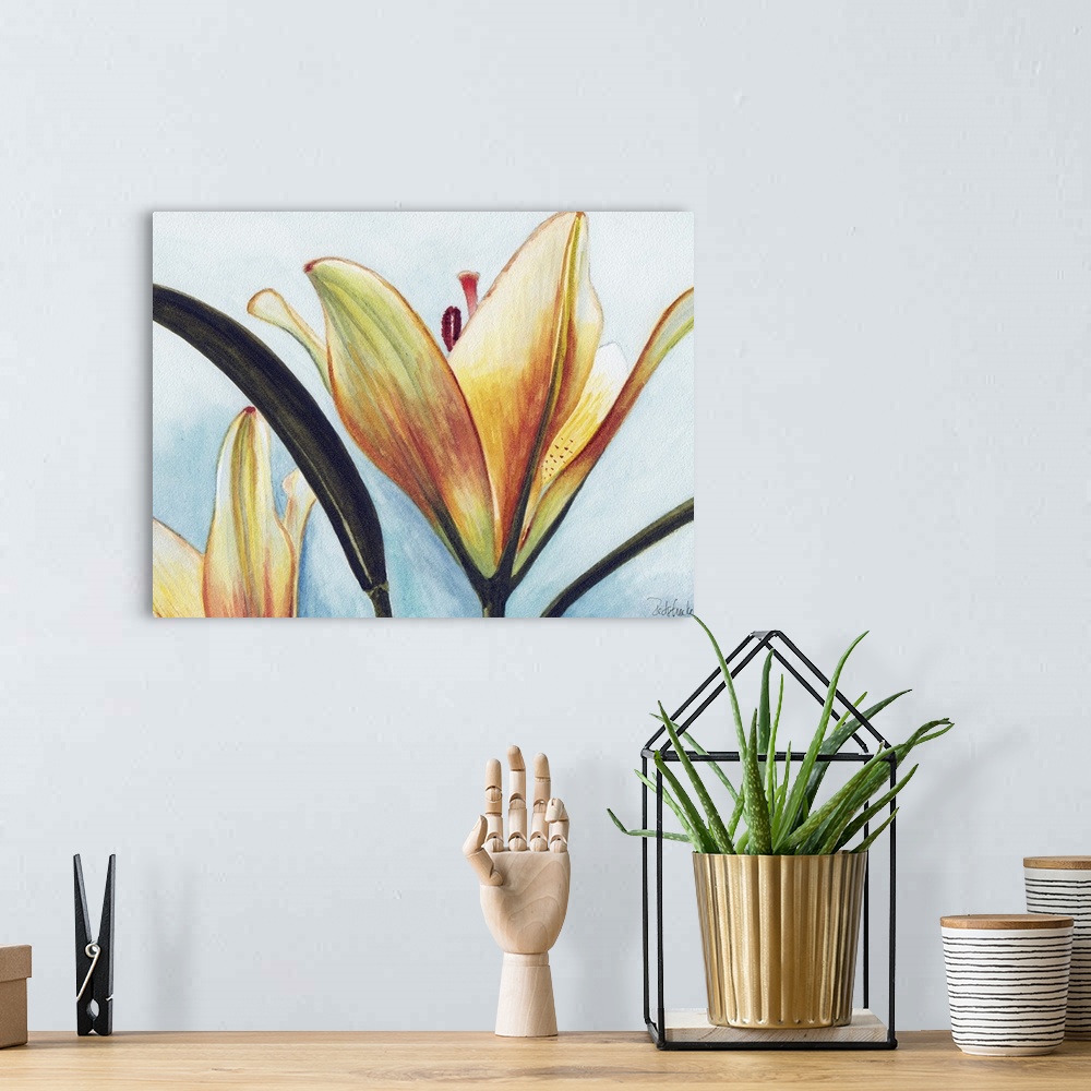 A bohemian room featuring Contemporary painting of a close view of a lily.