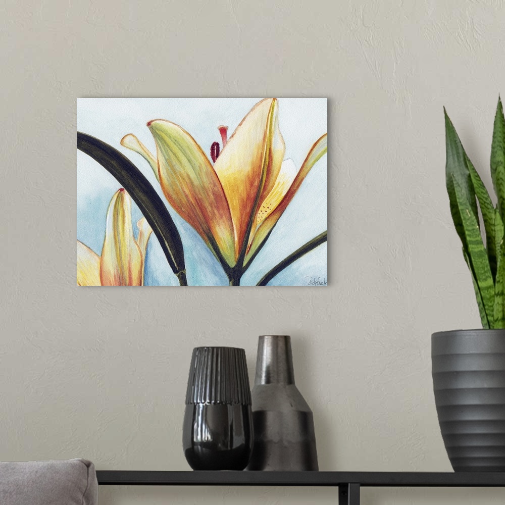 A modern room featuring Contemporary painting of a close view of a lily.