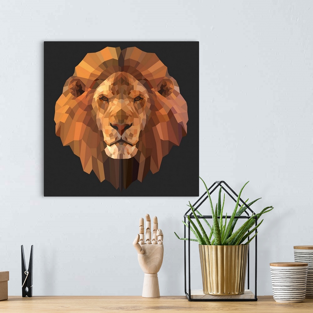 A bohemian room featuring Contemporary artwork of a polygon mesh lion portrait.