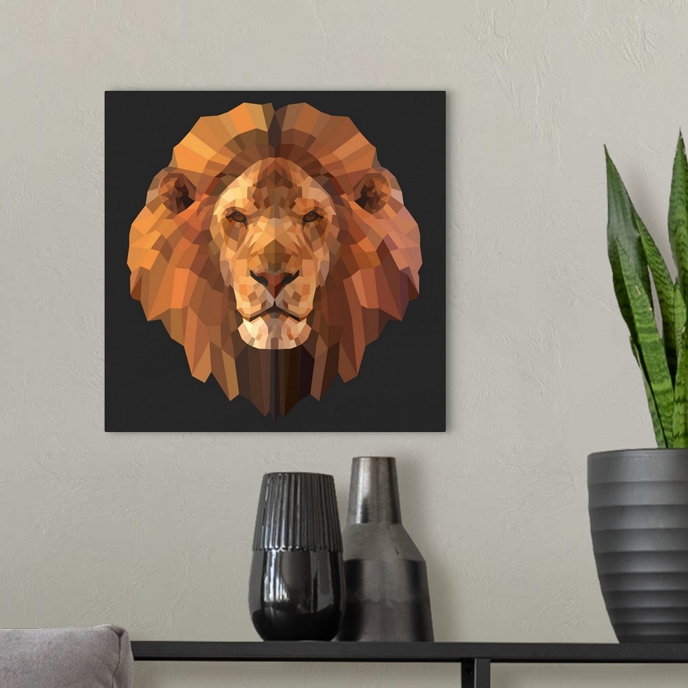 A modern room featuring Contemporary artwork of a polygon mesh lion portrait.