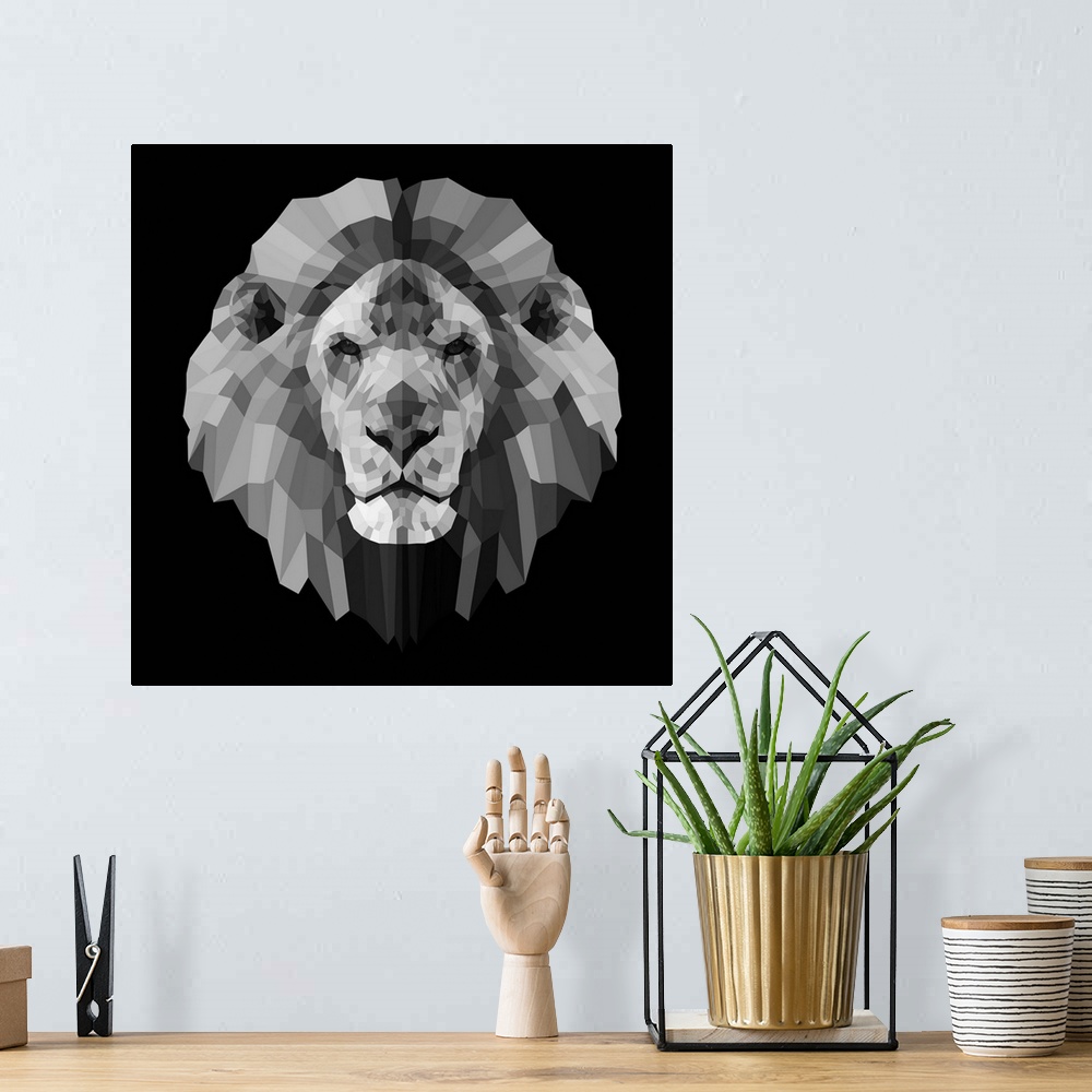 A bohemian room featuring Lion head made up of a polygon mesh.