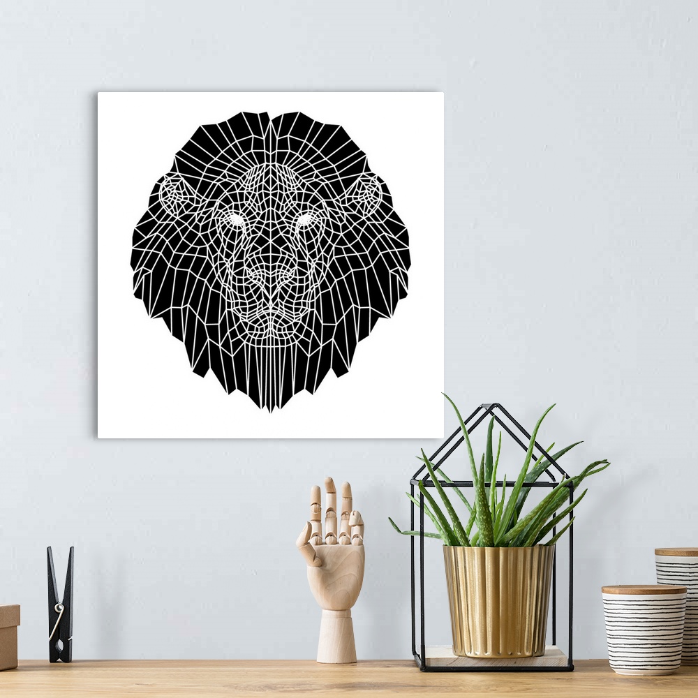 A bohemian room featuring Lion head made up of a polygon mesh.