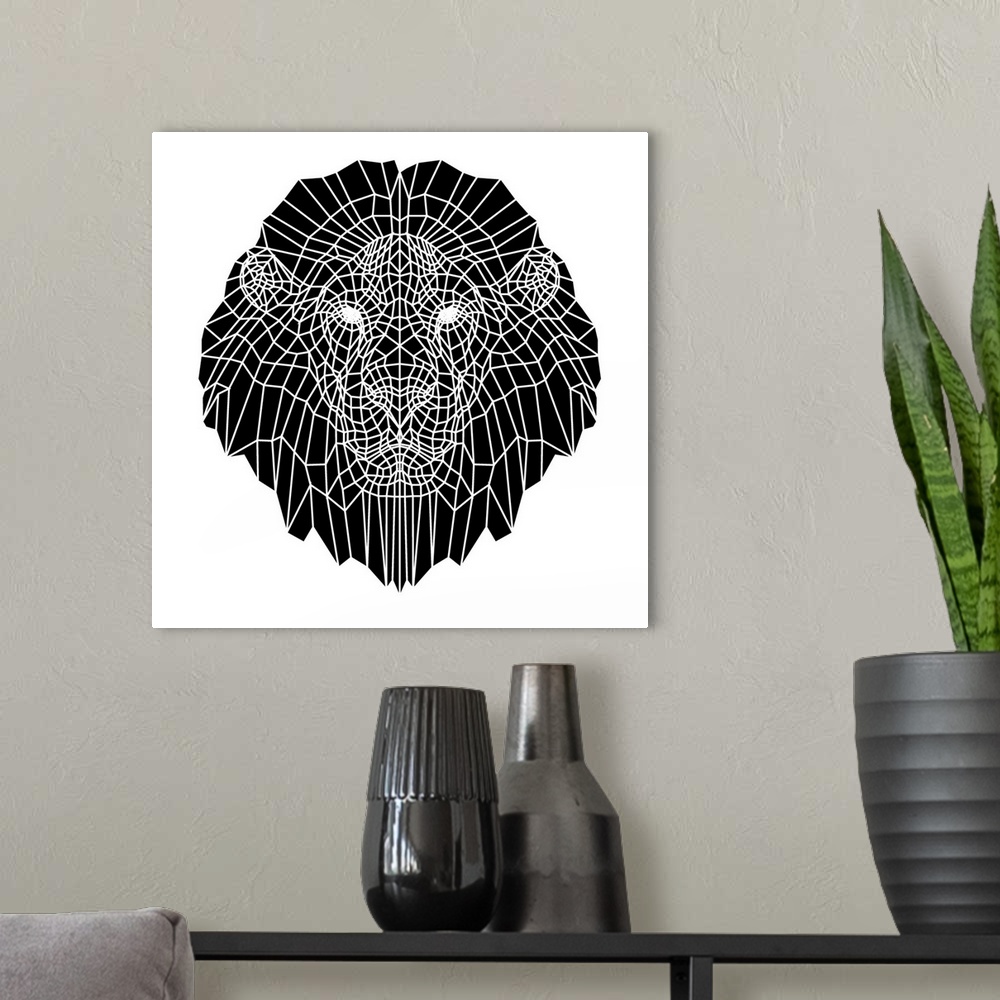 A modern room featuring Lion head made up of a polygon mesh.