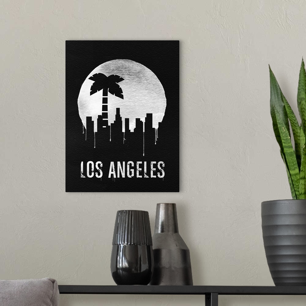 A modern room featuring Contemporary watercolor artwork of the Los Angeles skyline, in silhouette.