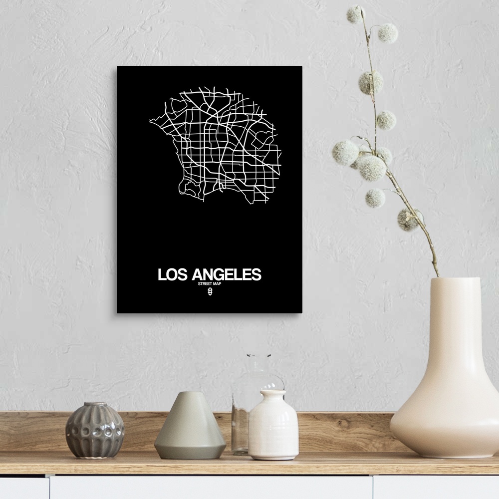 A farmhouse room featuring Minimalist art map of the city streets of Los Angeles in black and white.