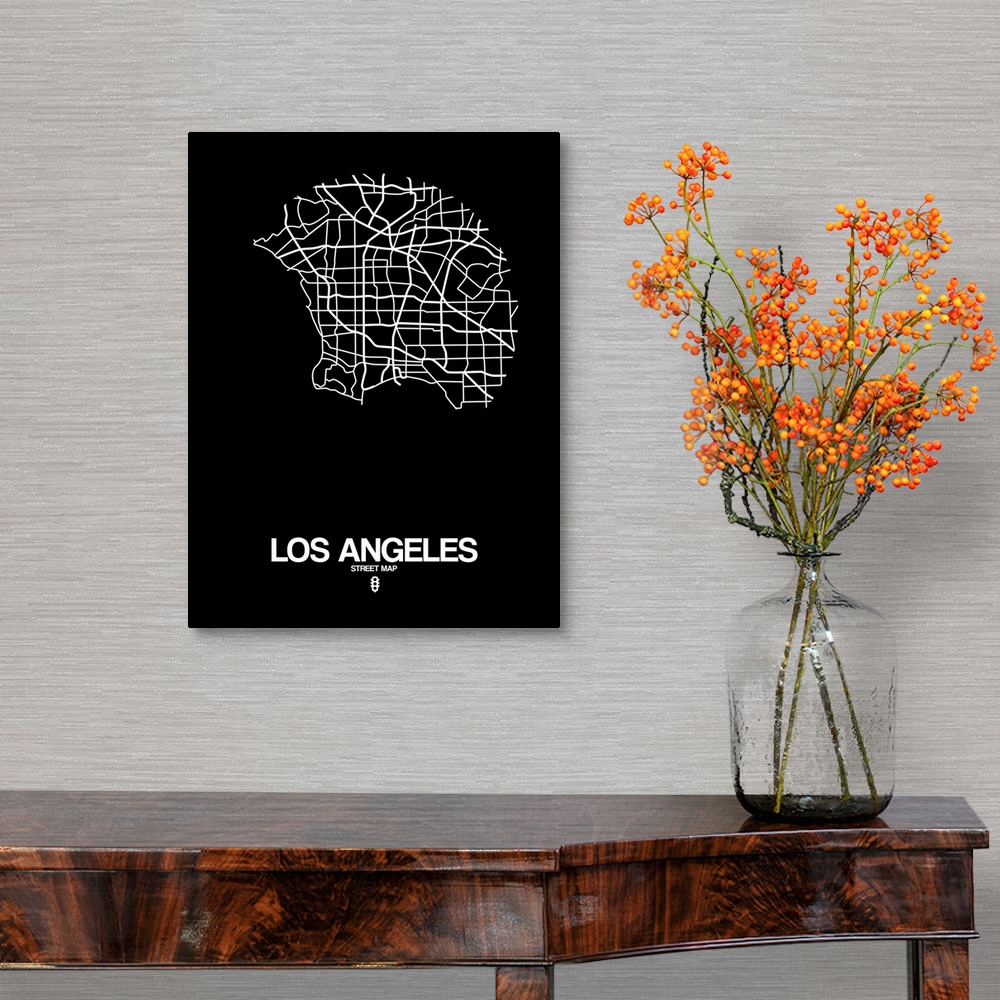 A traditional room featuring Minimalist art map of the city streets of Los Angeles in black and white.