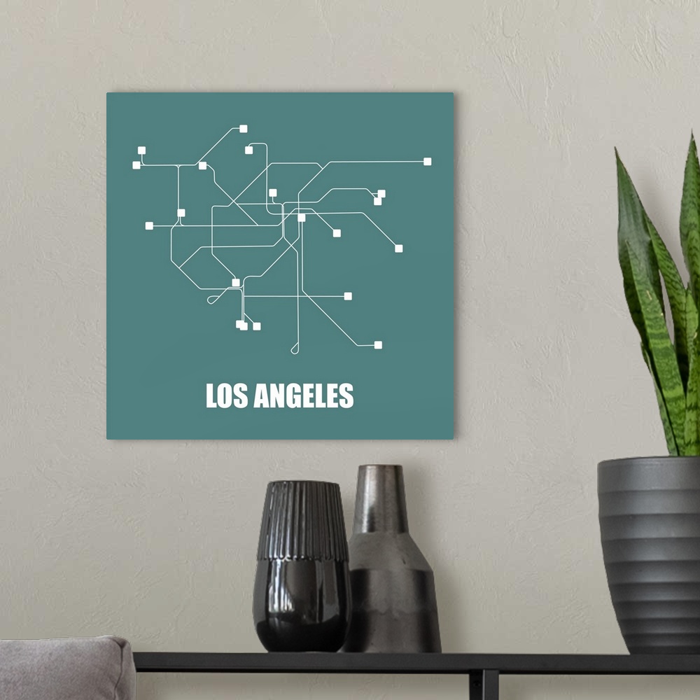 A modern room featuring Los Angeles Teal Subway Map