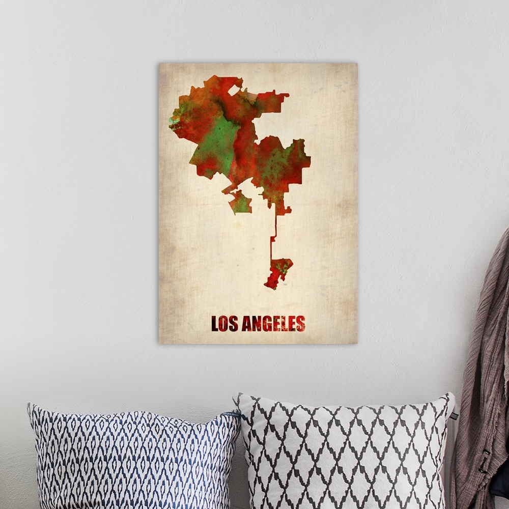 A bohemian room featuring Los Angeles Watercolor Map I