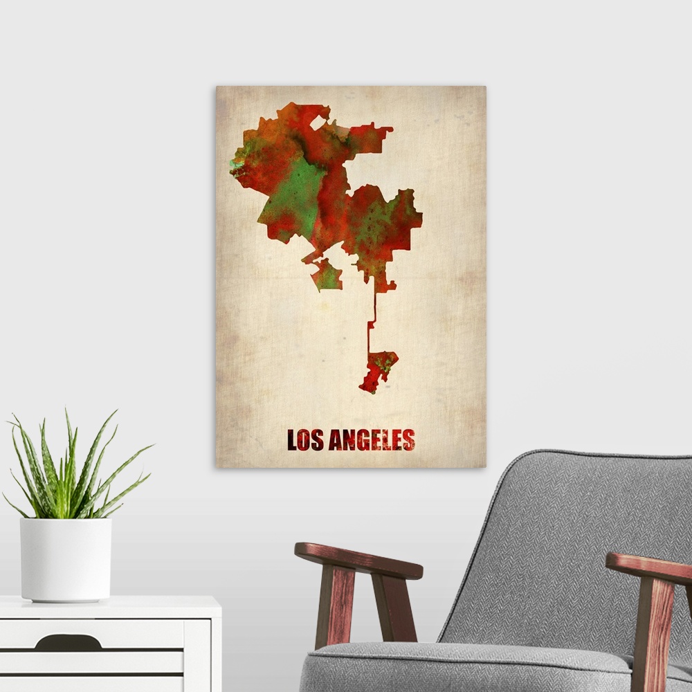 A modern room featuring Los Angeles Watercolor Map I