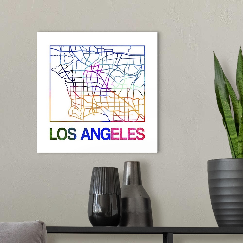 A modern room featuring Colorful map of the streets of Los Angeles, California.