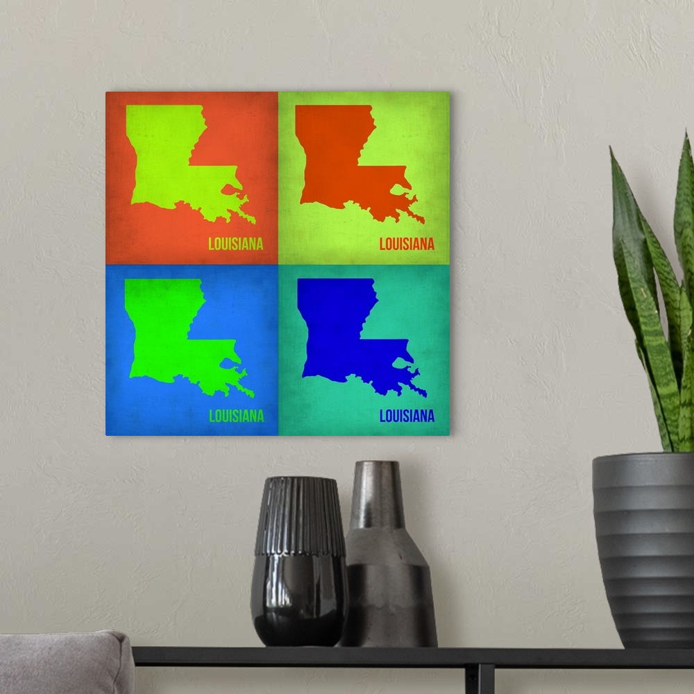 A modern room featuring Louisiana Pop Art Map I