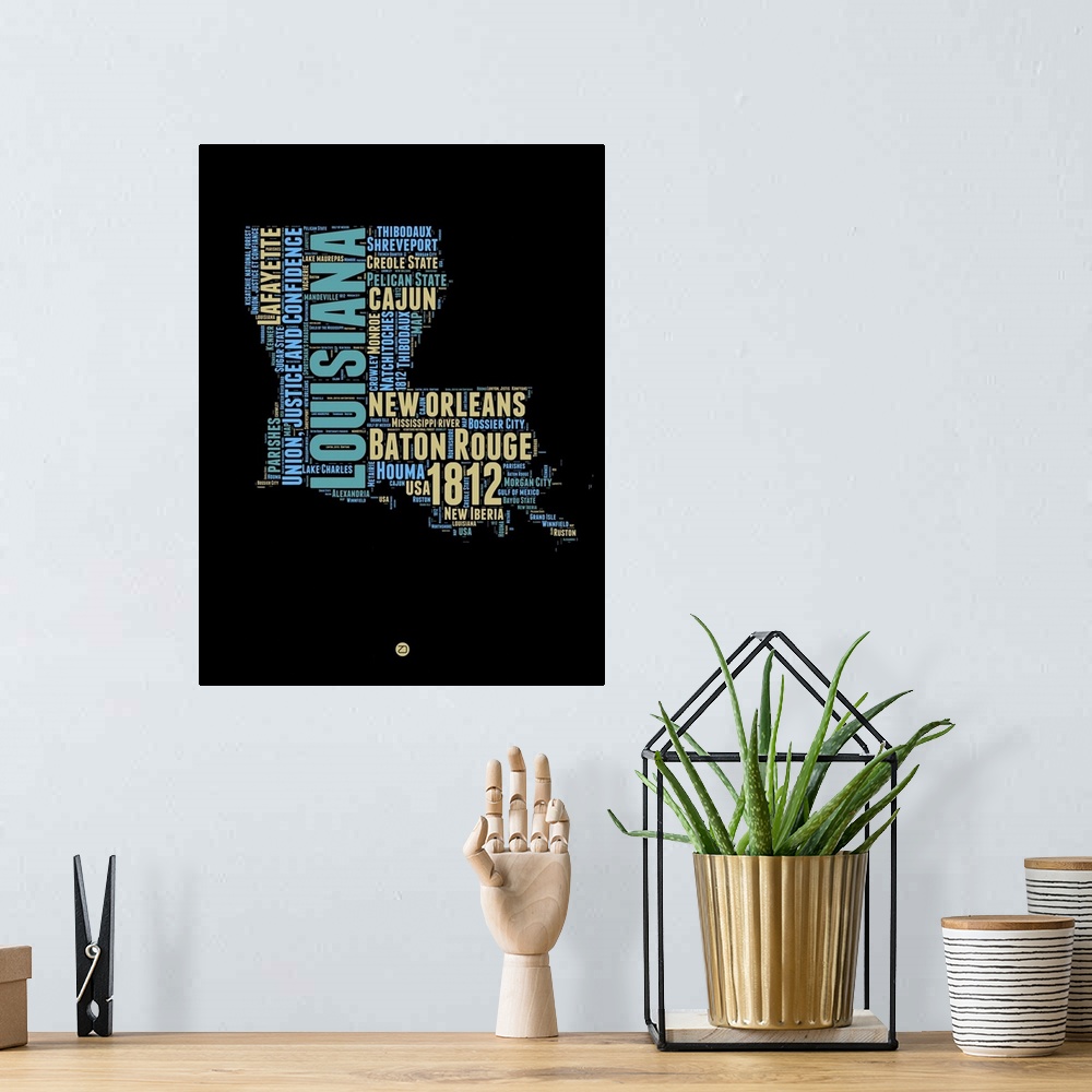 A bohemian room featuring Typography art map of the US state Louisiana.