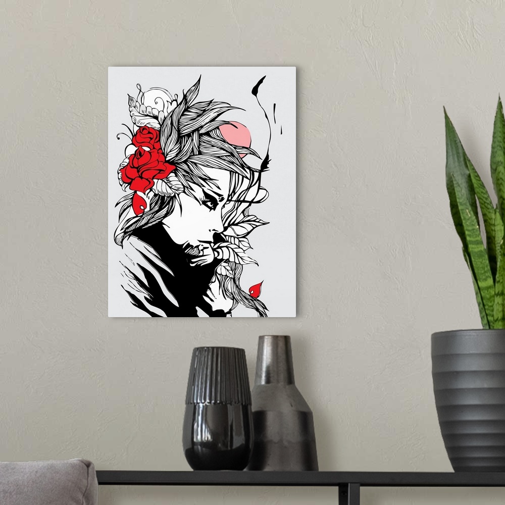 A modern room featuring Contemporary illustration art of a woman's portrait in profile with flowers in her hair.