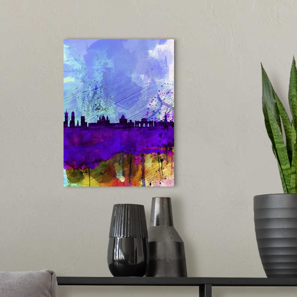 A modern room featuring Madrid Watercolor Skyline