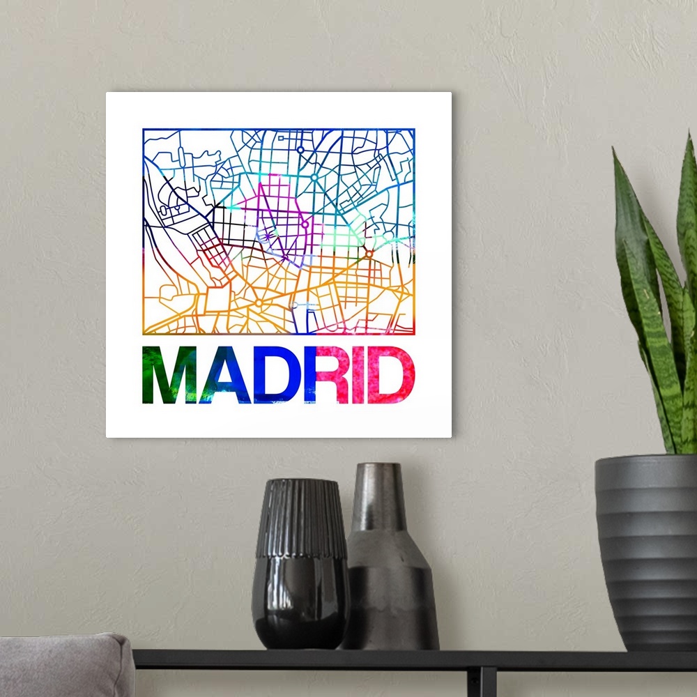 A modern room featuring Colorful map of the streets of Madrid, Spain.