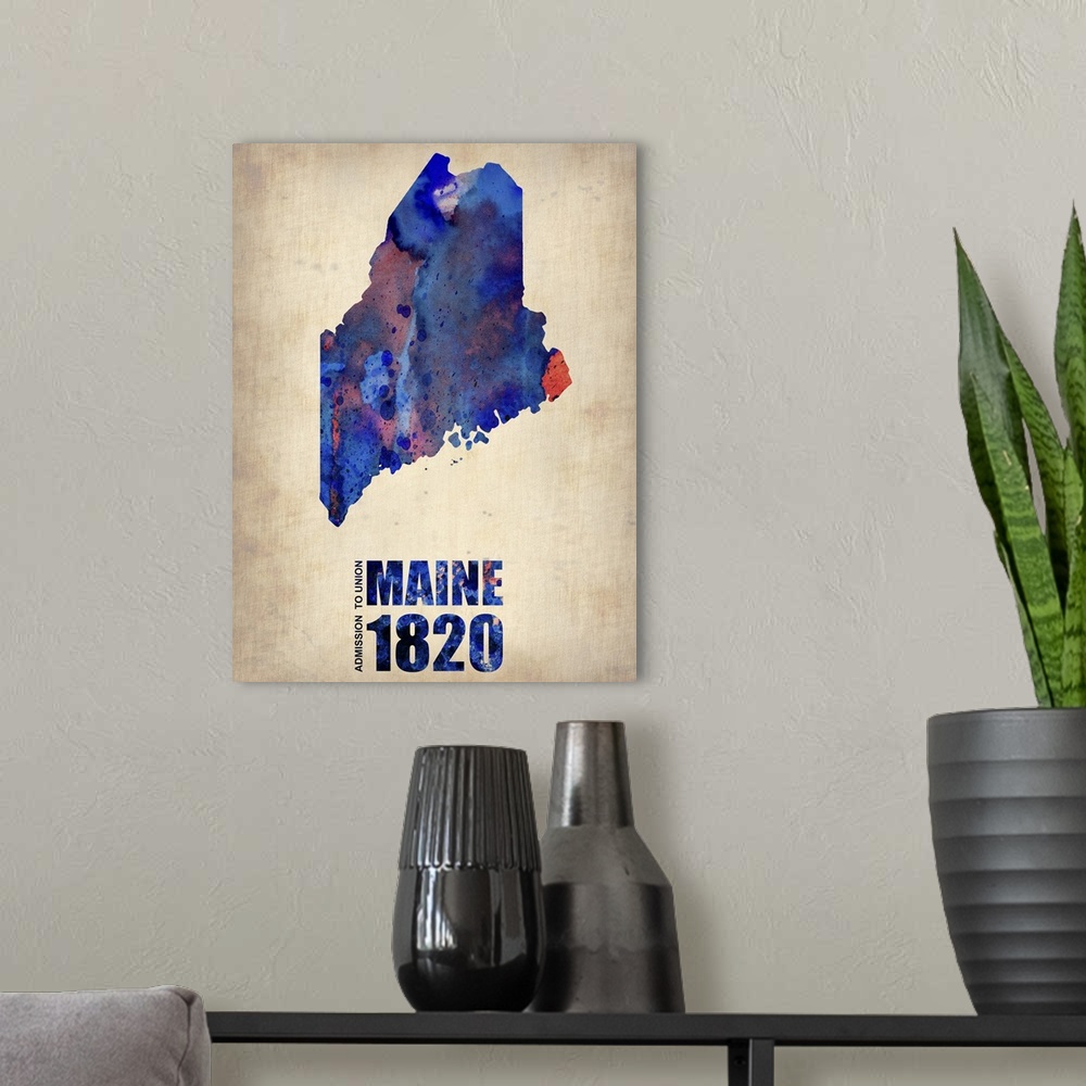 A modern room featuring Maine Watercolor Map