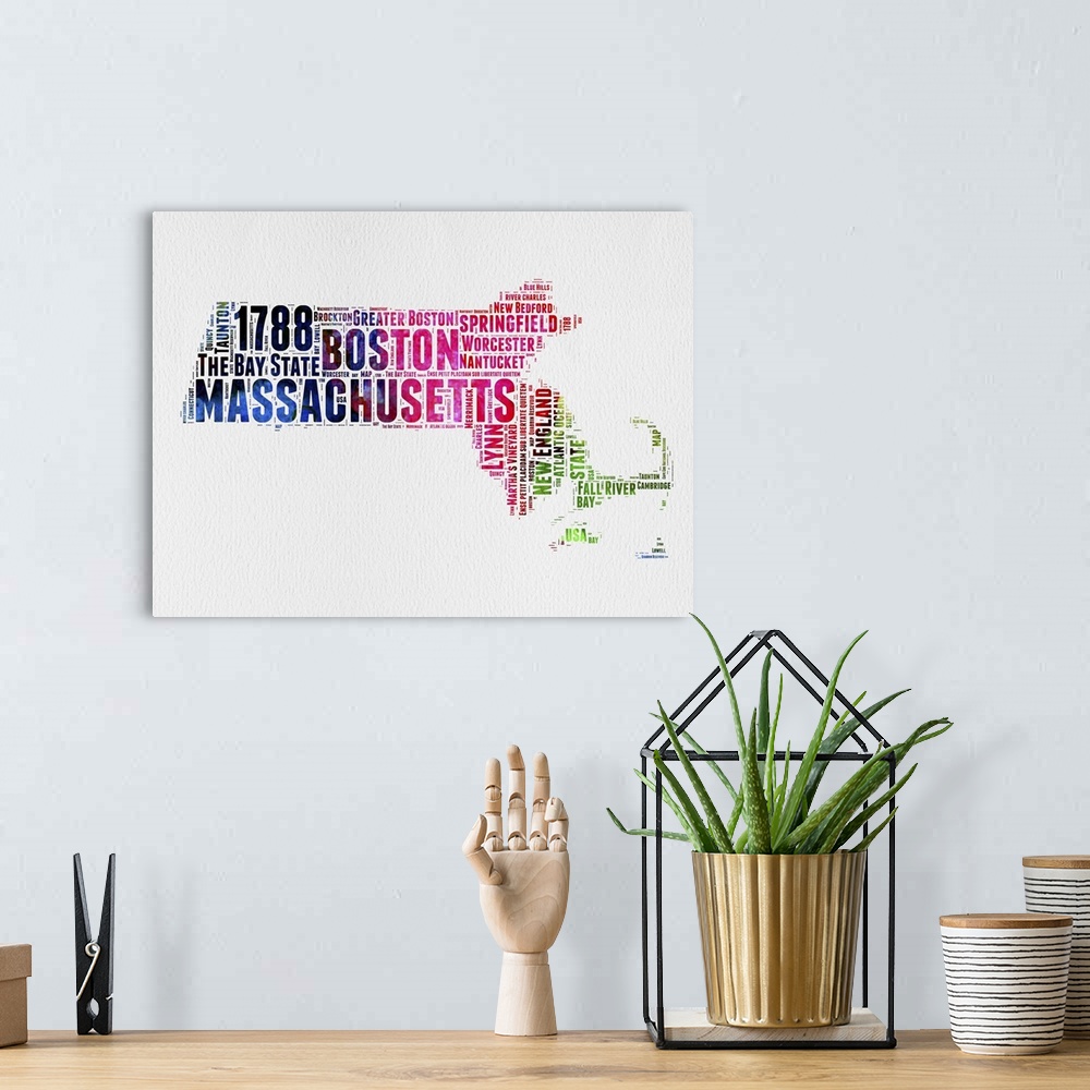 A bohemian room featuring Watercolor typography art map of the US state Massachusetts.