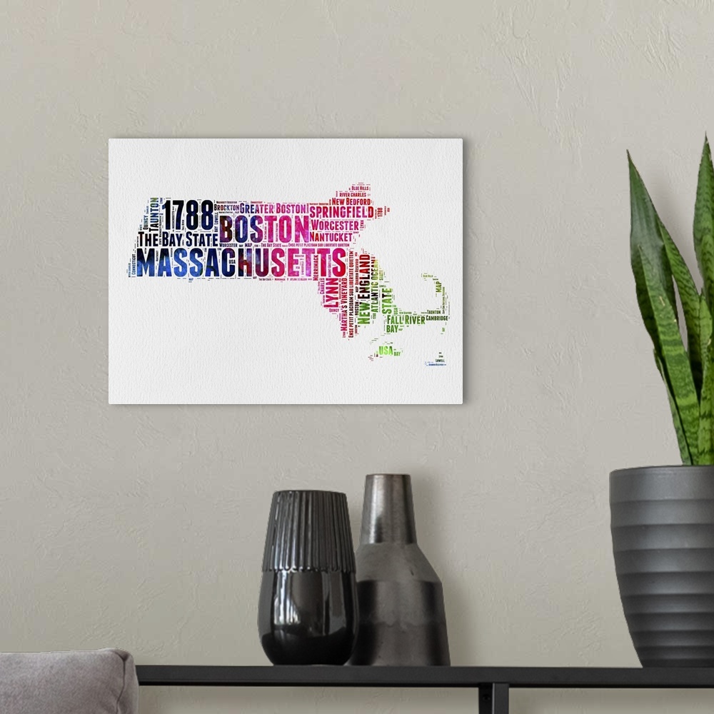 A modern room featuring Watercolor typography art map of the US state Massachusetts.