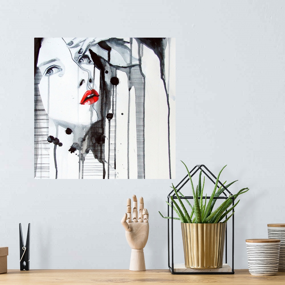 A bohemian room featuring Contemporary watercolor portrait of a woman red lips and her hand resting against her forehead.