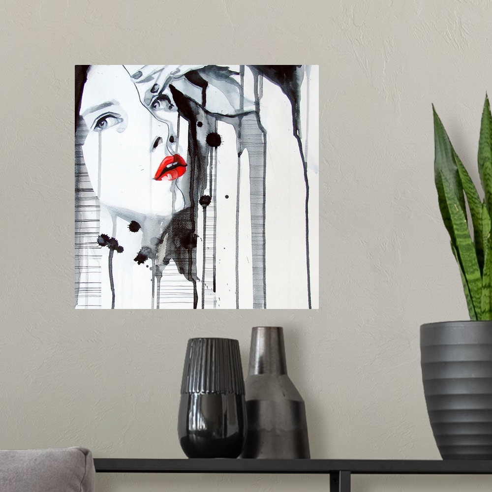 A modern room featuring Contemporary watercolor portrait of a woman red lips and her hand resting against her forehead.