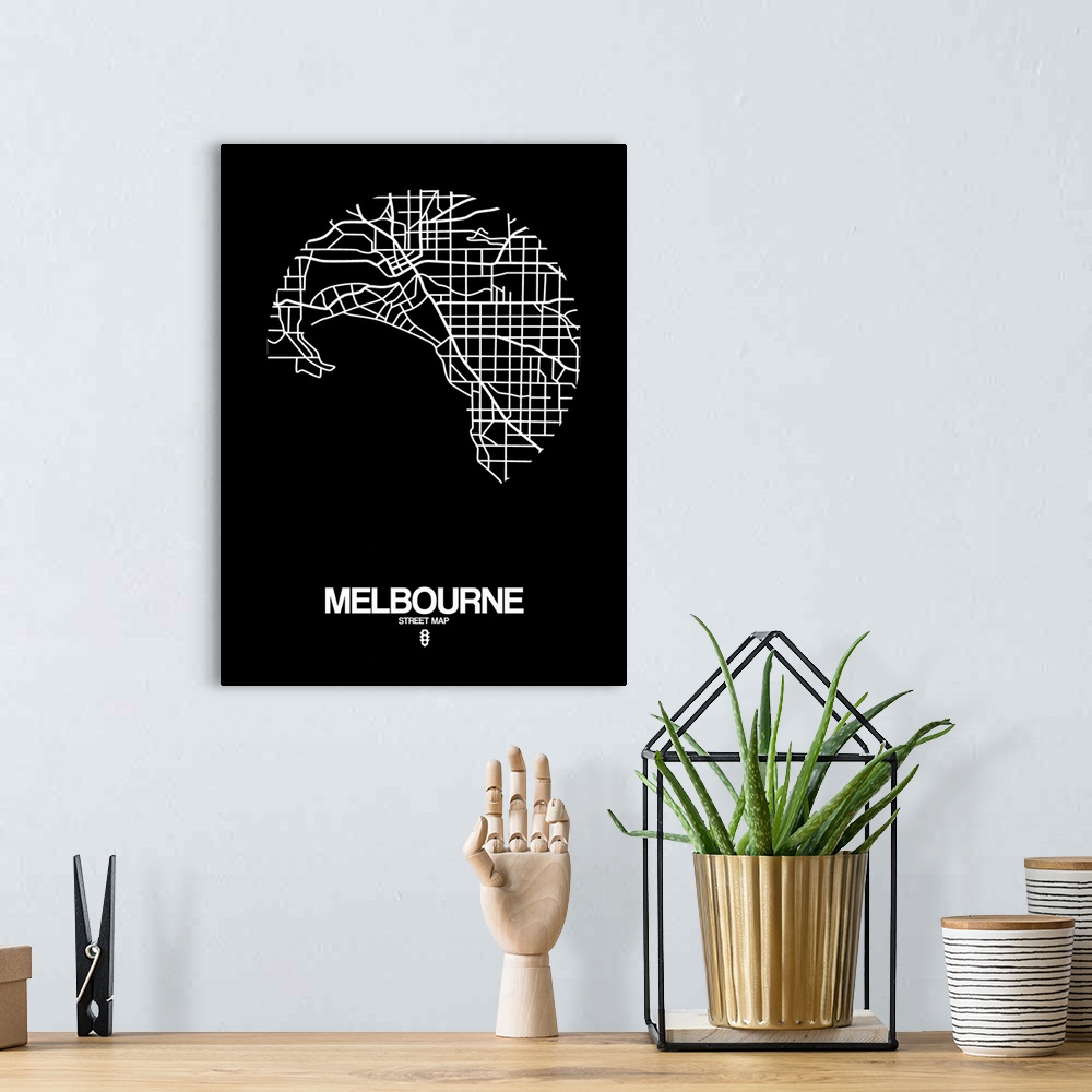 A bohemian room featuring Minimalist art map of the city streets of Melbourne in black and white.