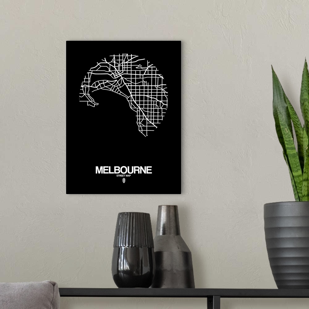 A modern room featuring Minimalist art map of the city streets of Melbourne in black and white.