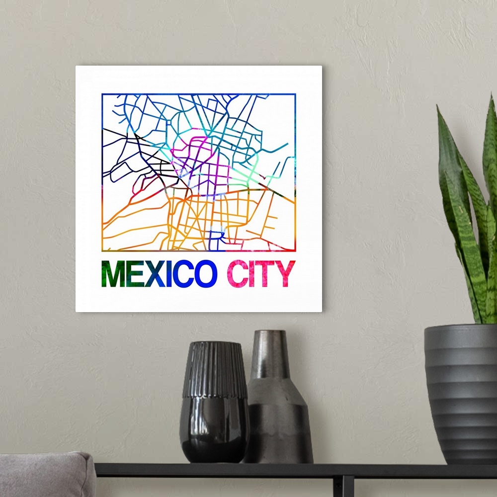 A modern room featuring Colorful map of the streets of Mexico City, Mexico.