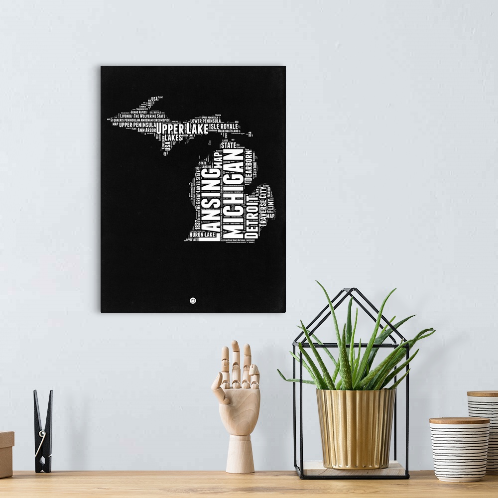 A bohemian room featuring Typography art map of the US state Michigan.