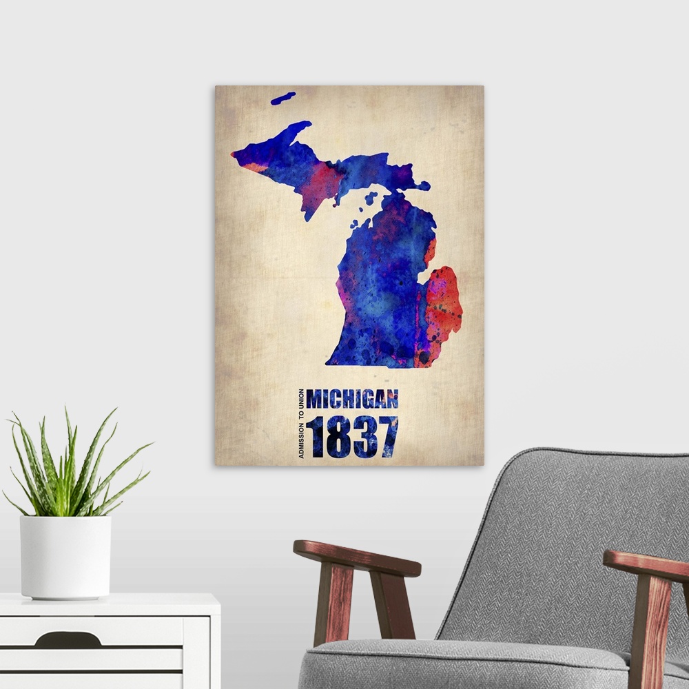 A modern room featuring Michigan Watercolor Map