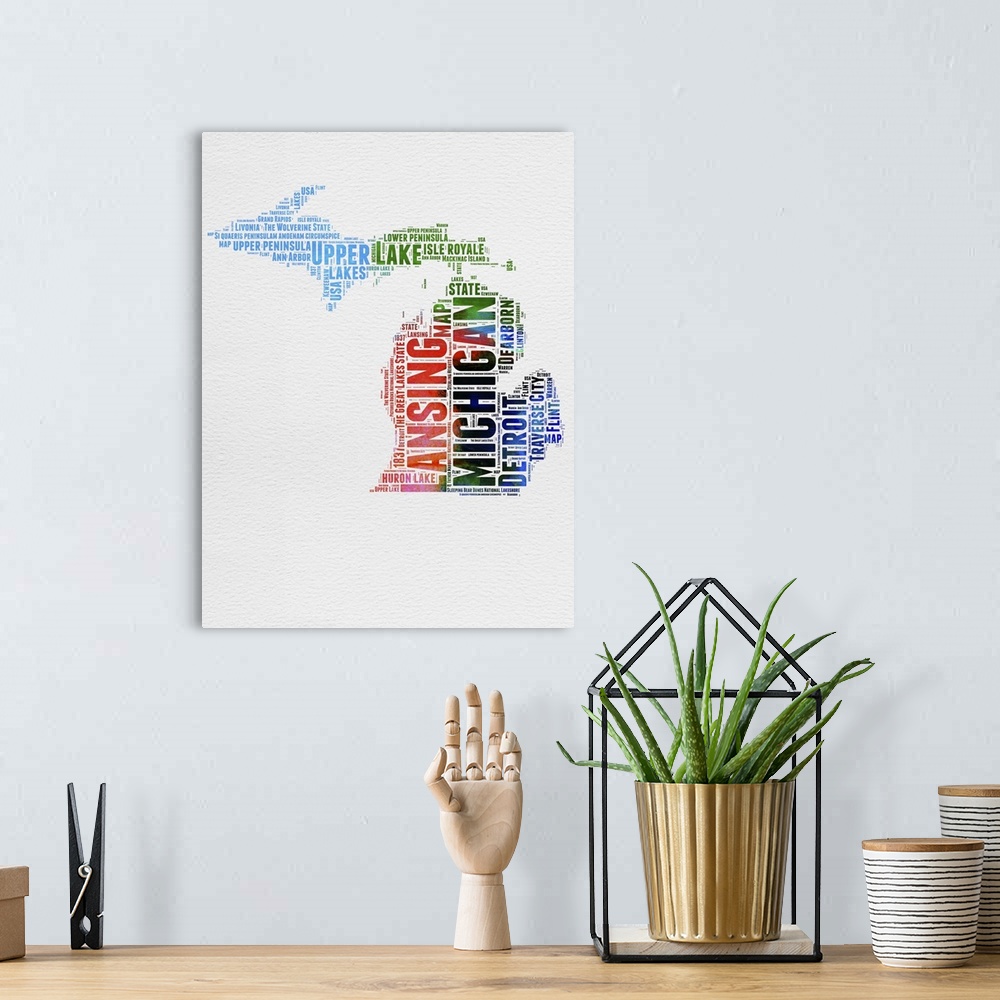 A bohemian room featuring Watercolor typography art map of the US state Michigan.