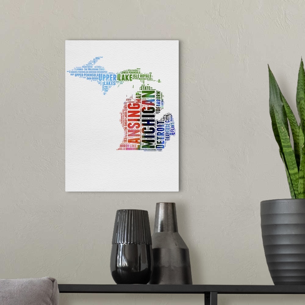 A modern room featuring Watercolor typography art map of the US state Michigan.