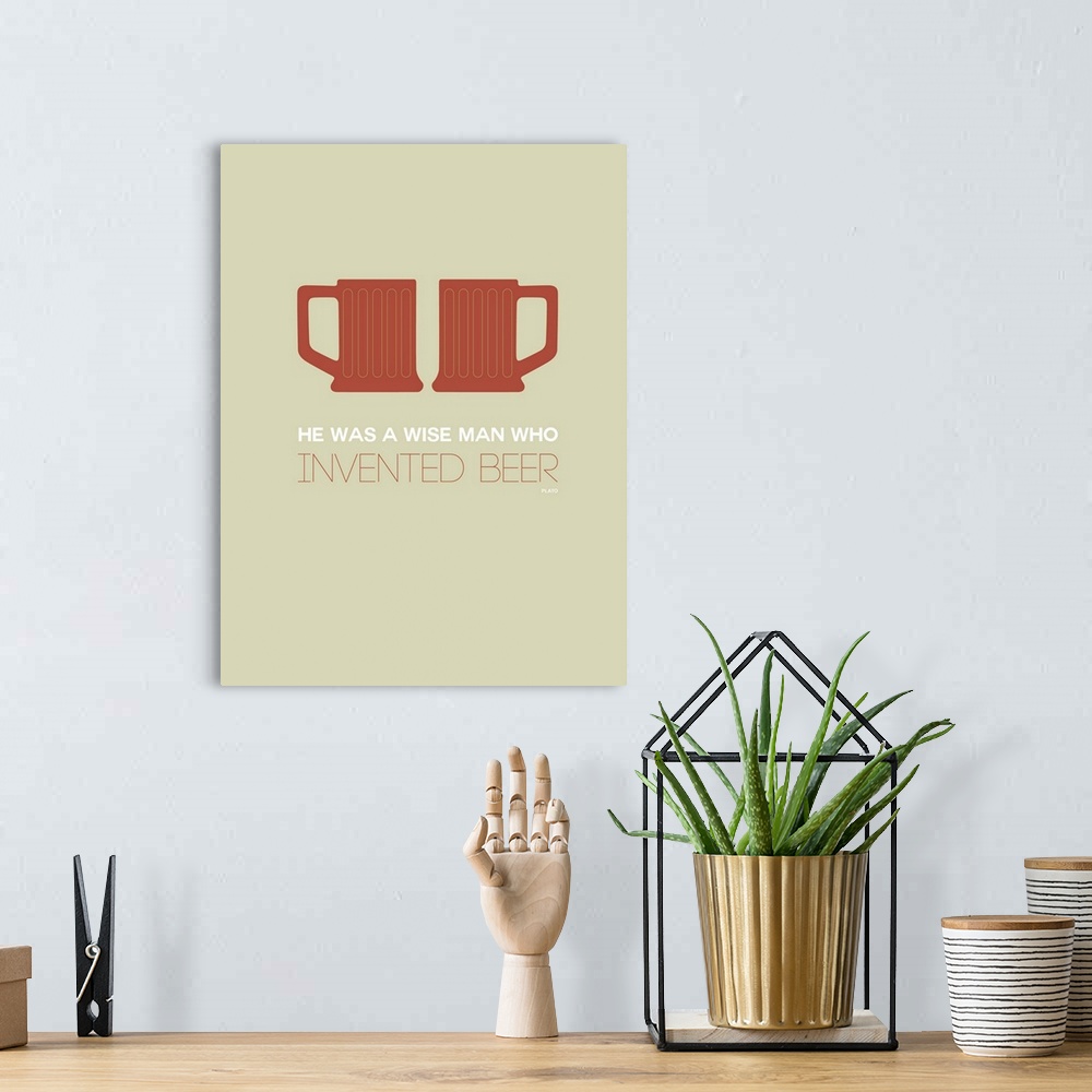 A bohemian room featuring Minimalist Beverage Poster - Two Beer Mugs - Brown