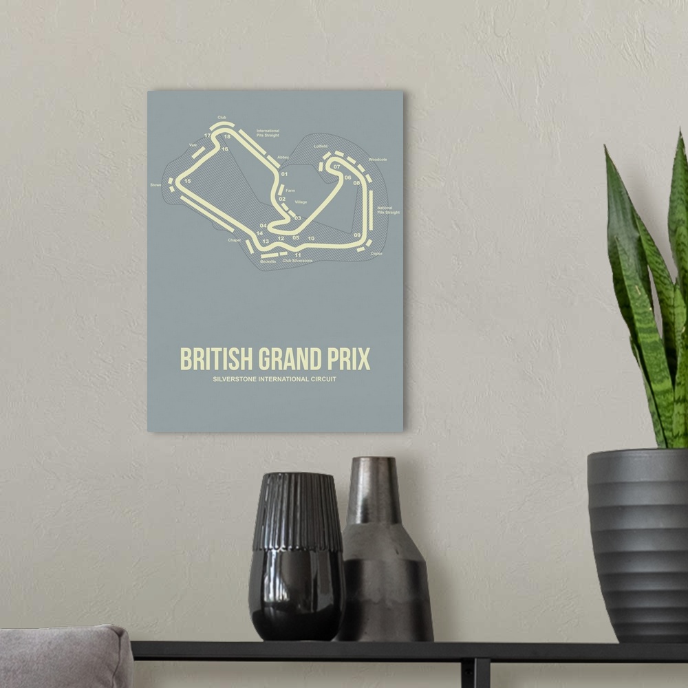 A modern room featuring Minimalist British Grand Prix Poster I