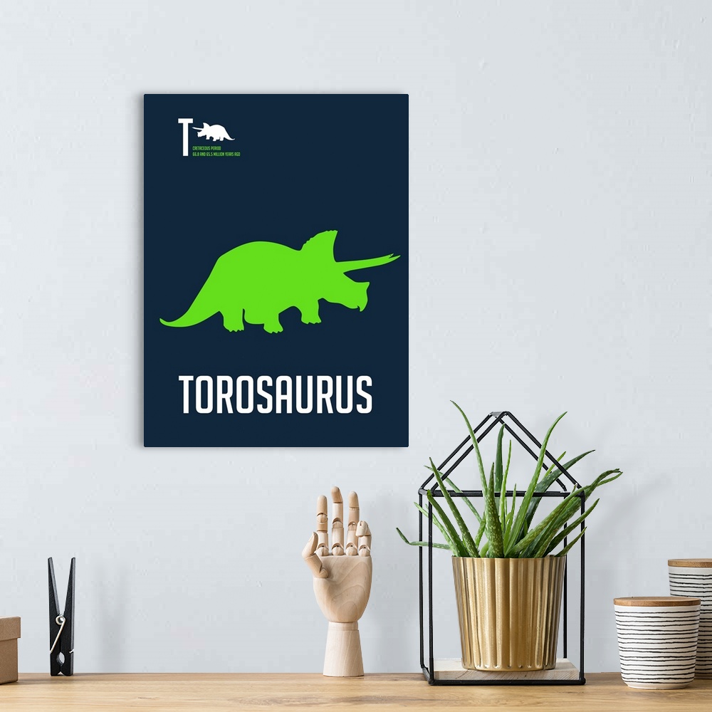 A bohemian room featuring Minimalist Dinosaur Poster - Torosaurus - Green
