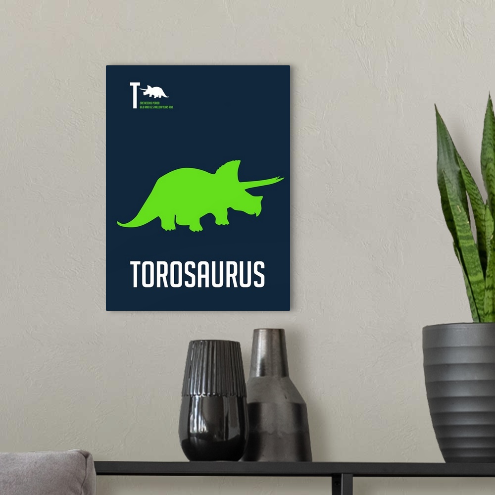 A modern room featuring Minimalist Dinosaur Poster - Torosaurus - Green