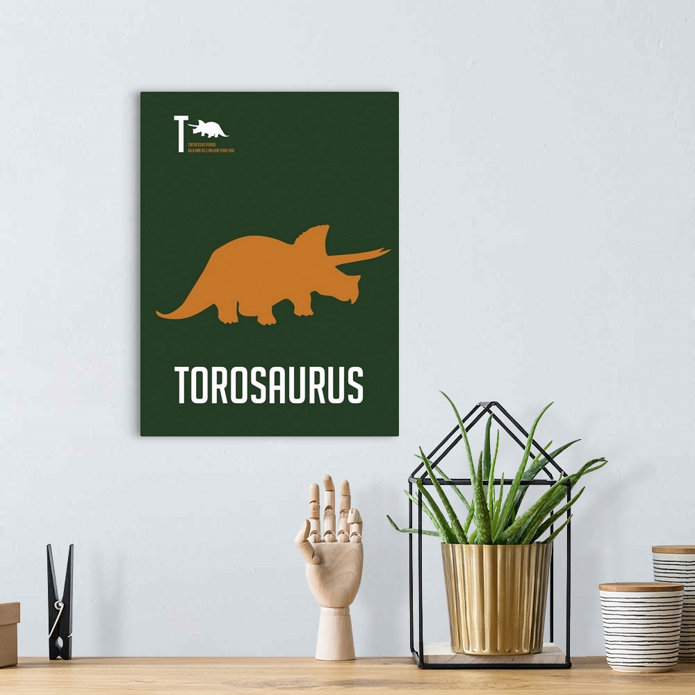 A bohemian room featuring Minimalist Dinosaur Poster - Torosaurus - Orange