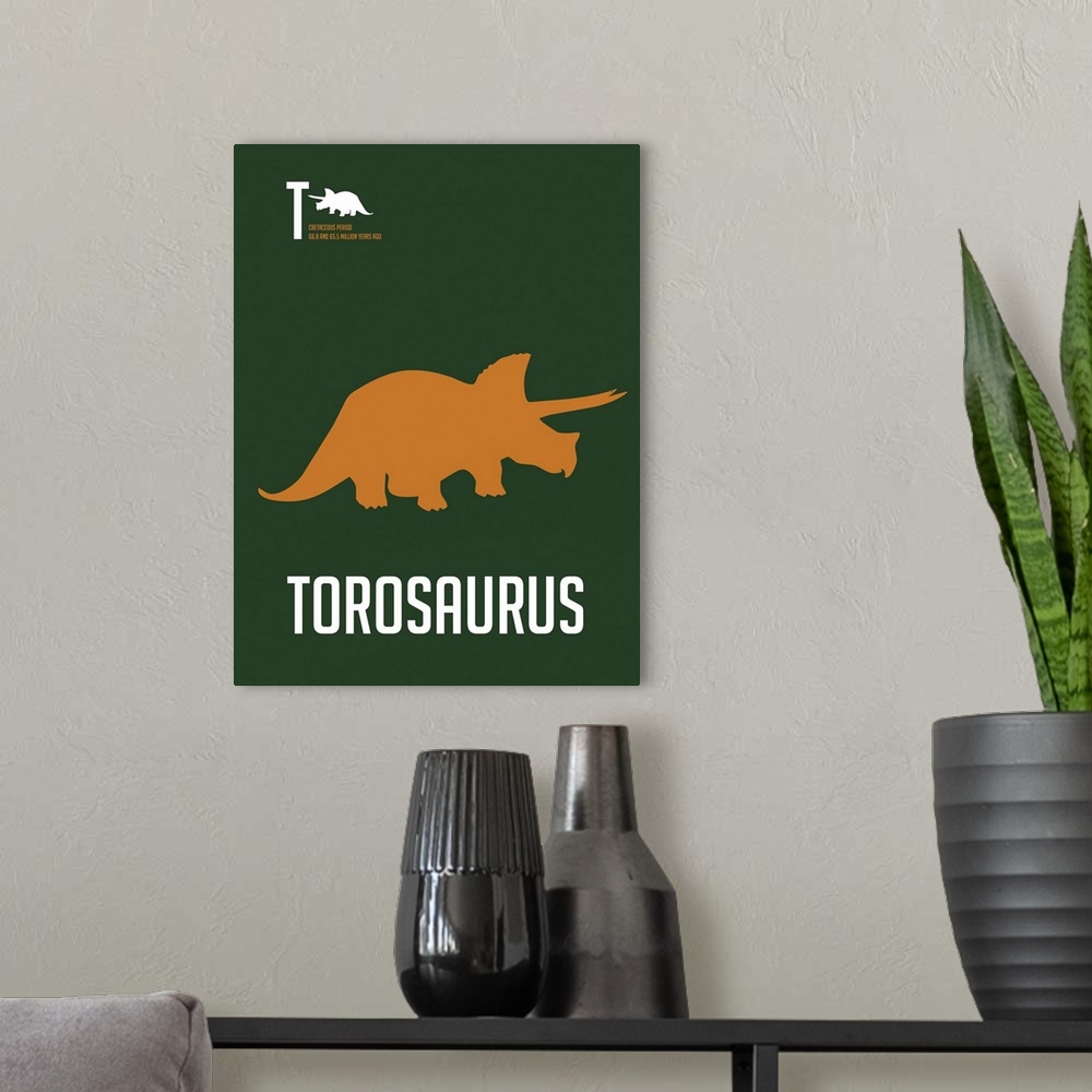 A modern room featuring Minimalist Dinosaur Poster - Torosaurus - Orange