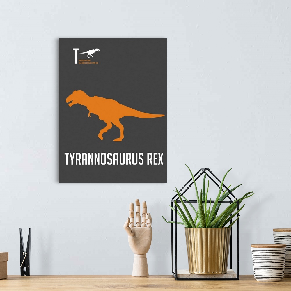 A bohemian room featuring Minimalist Dinosaur Poster - Tyrannosaurus Rex - Orange