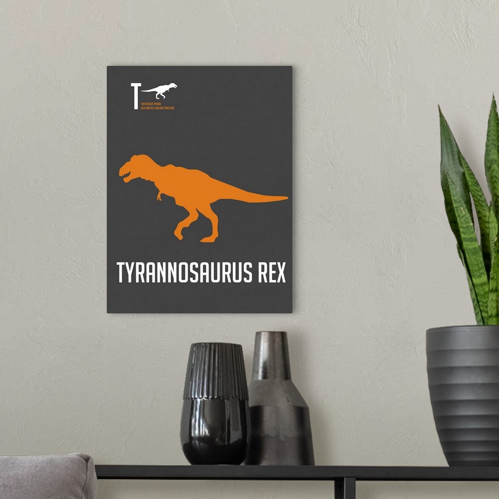 A modern room featuring Minimalist Dinosaur Poster - Tyrannosaurus Rex - Orange