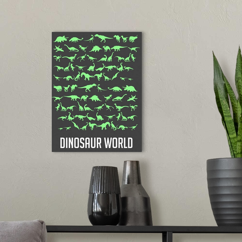 A modern room featuring Minimalist Dinosaur World Poster - Green