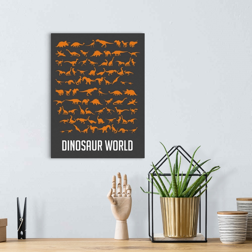 A bohemian room featuring Minimalist Dinosaur World Poster - Orange