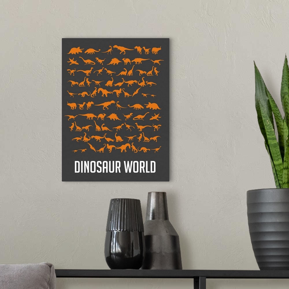 A modern room featuring Minimalist Dinosaur World Poster - Orange