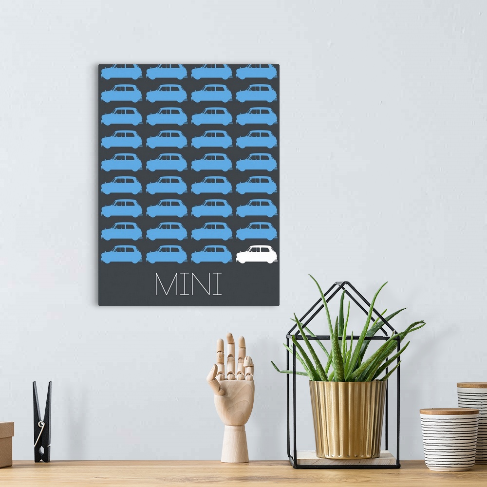 A bohemian room featuring Minimalist Mini Cooper Poster IV