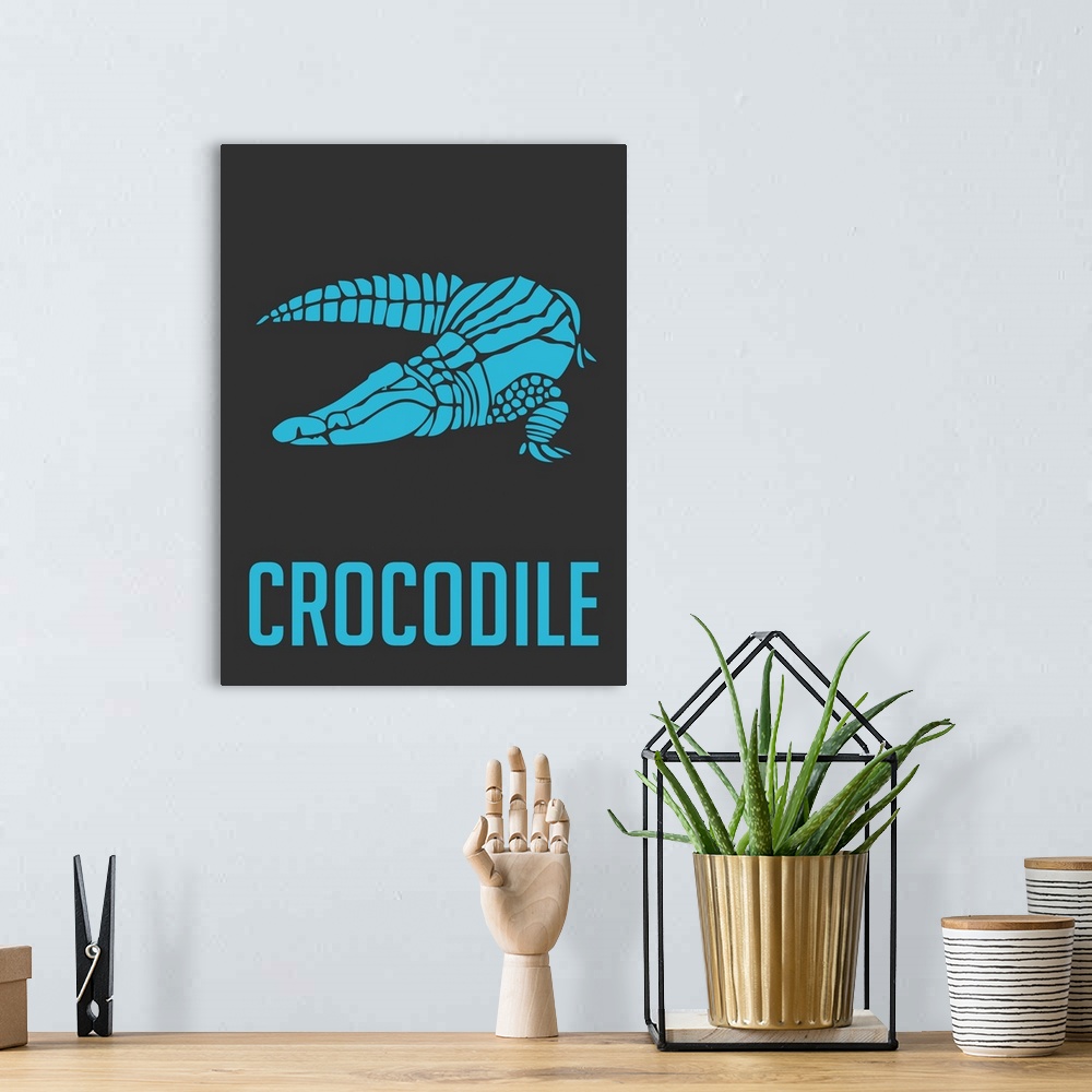 A bohemian room featuring Minimalist Wildlife Poster - Crocodile - Blue