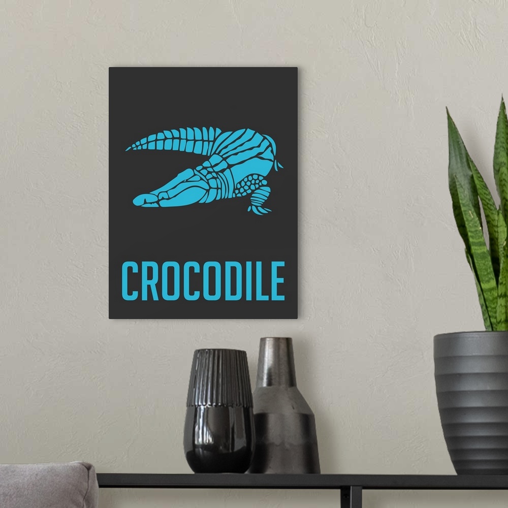 A modern room featuring Minimalist Wildlife Poster - Crocodile - Blue