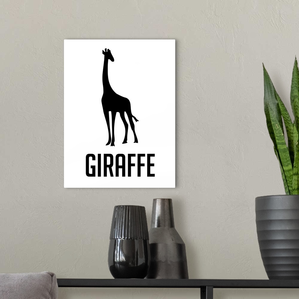 A modern room featuring Minimalist Wildlife Poster - Giraffe - Black